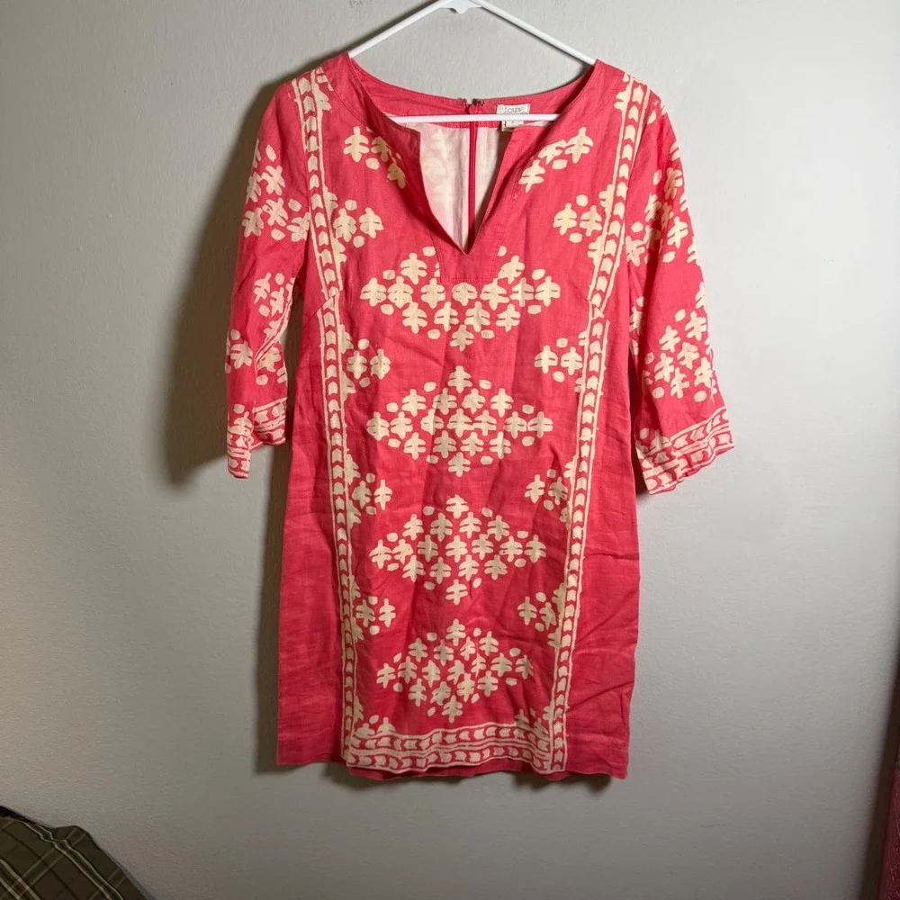 J.Crew Pink Linen Block Print Split Neck Shift Dress 3/4 Sleeve Womens Size 2